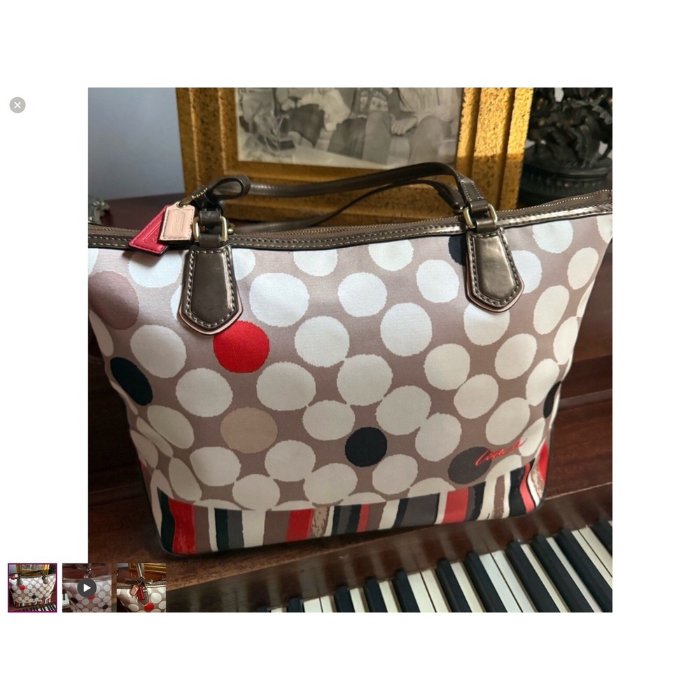 Coach Poppy Polka Dot Glam Tote Canvas Leather Trim Multicolor Stripe Bag